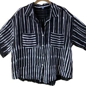 Inizio Italy 100% Linen Blouse Size M Black White Art To Wear Lagenlook Resort